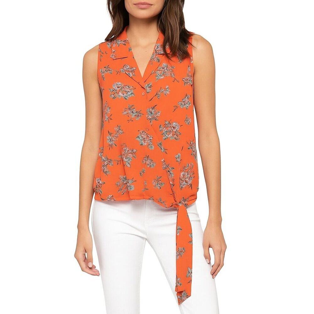 LOFT‎ Orange Floral Wrap Tie Sleeveless Collar Blouse